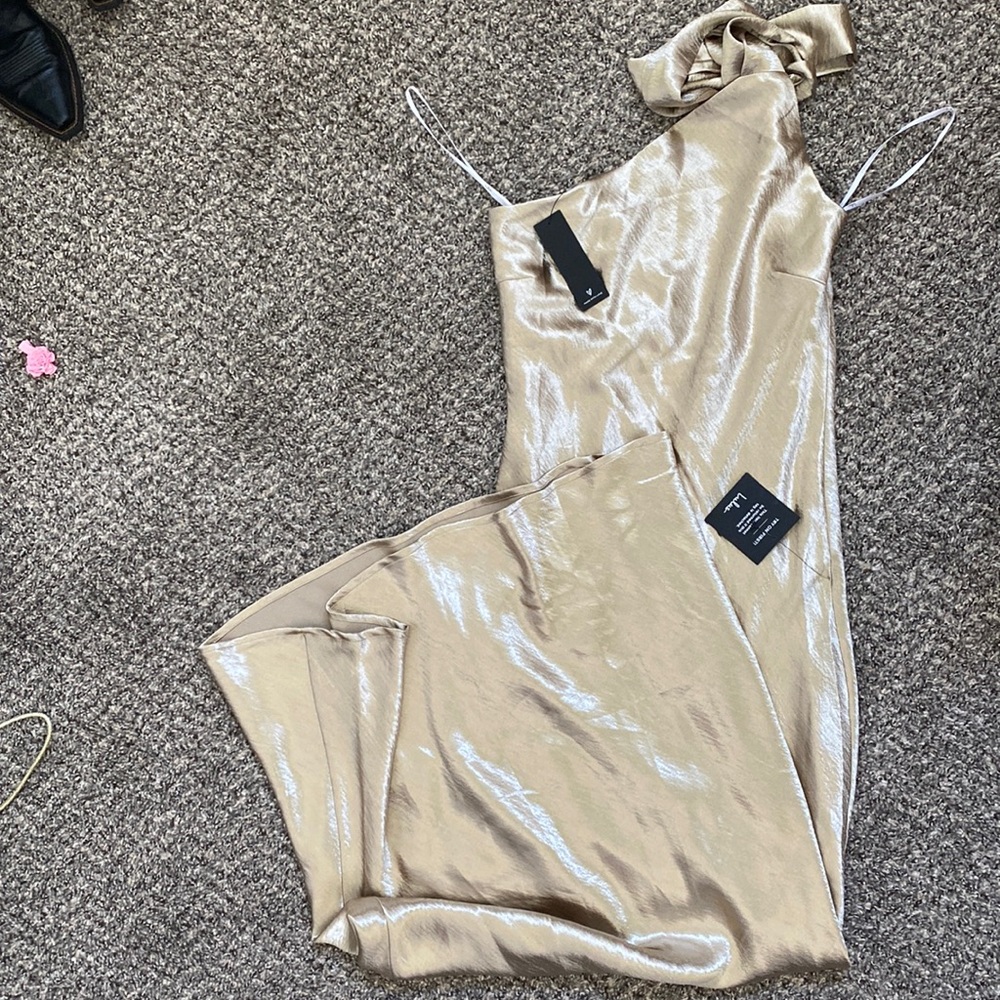 Lulus Gold satin one shoulder tie strap Maxi dress